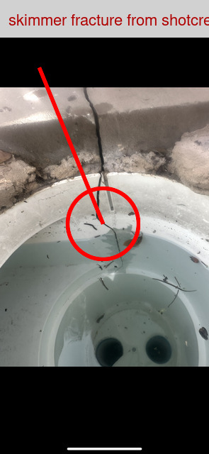 Annotated skimmer fracture from shotcrete pressure in ASR pool