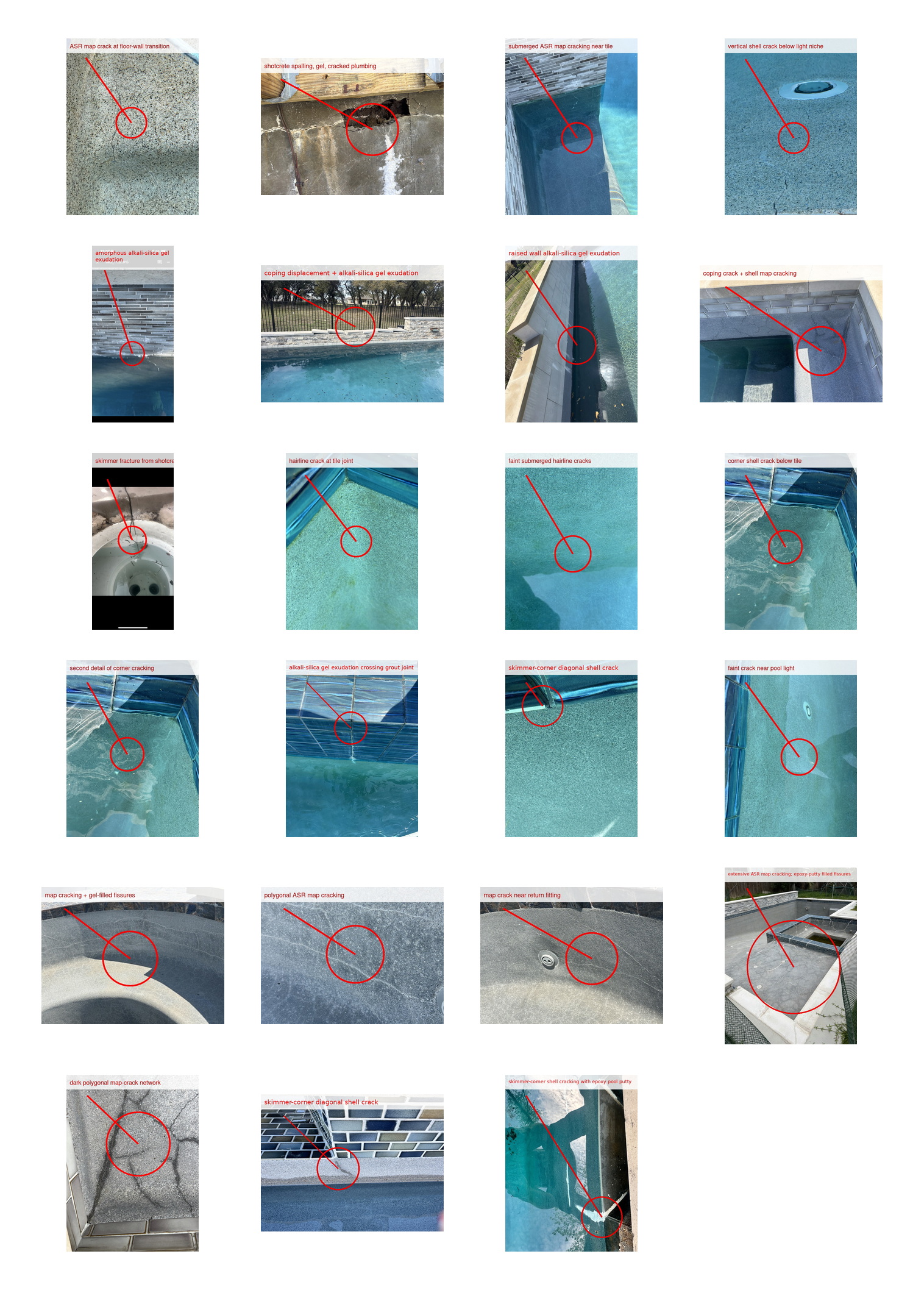 Annotated contact sheet of reviewed ASR pool damage signs